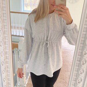 Grey Button Shoulder Nursing Long Sleeve Top Sweatshirt with Drawstring Waist